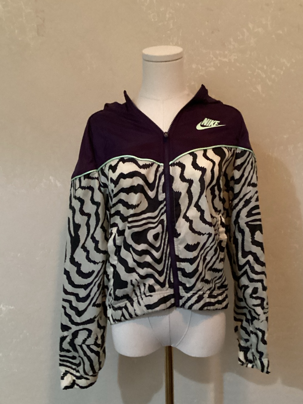 Nike Purple Hooded Bomber Jacket with Black & White Zebra Print